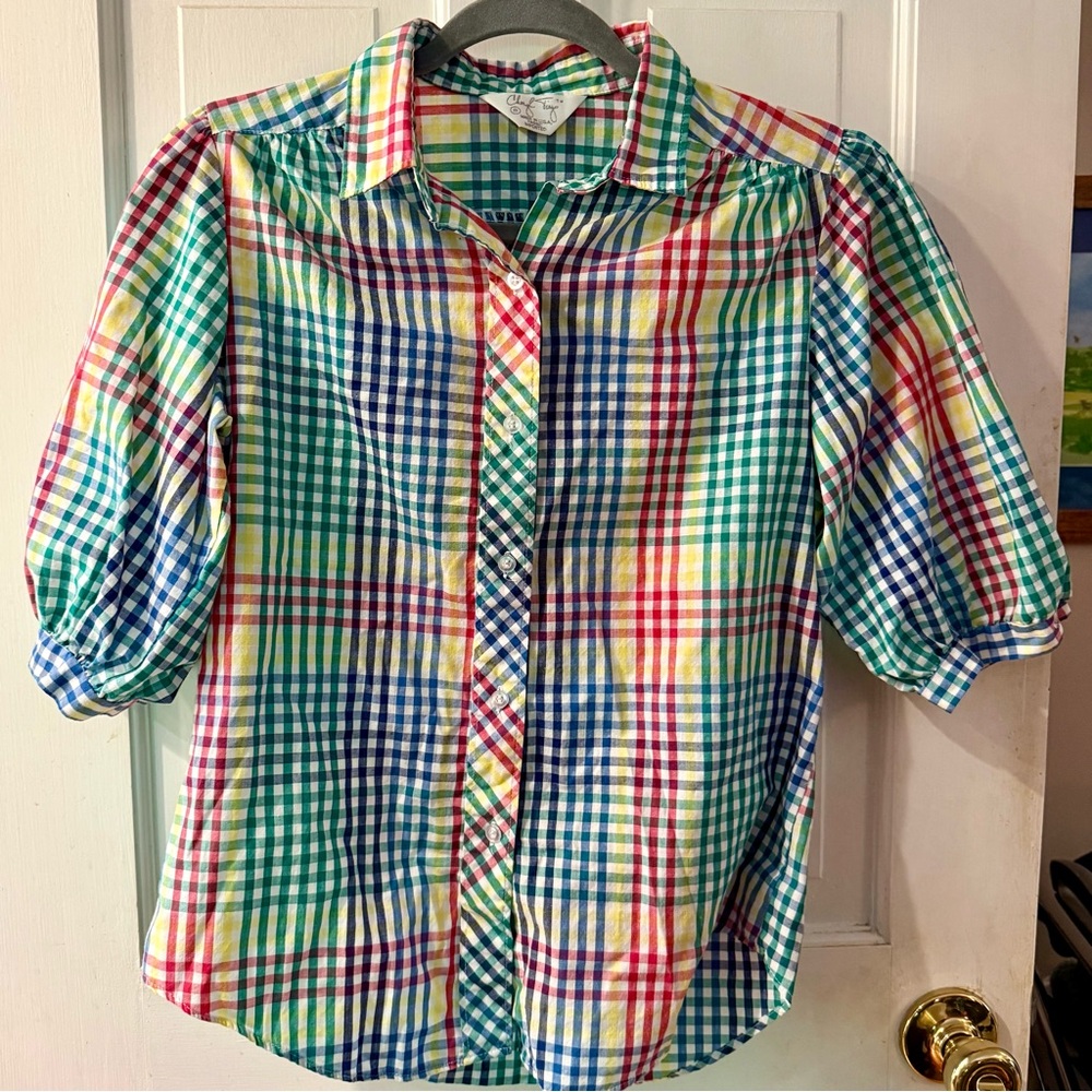 Cheryl Tiegs VINTAGE Rainbow Plaid Button-Down Shirt - Size 8, EUC!